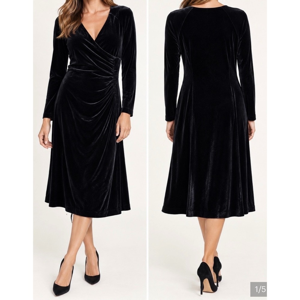 Soft Surroundings Hyannis Black Velvet Faux Wrap Ruched Cocktail Midi Dress 2X